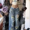 Retro Washed Ripped Blue Jeans for Women American Loose Straight Slim Personality Wide Legs Pants Mop The Floor Long Pants Tide