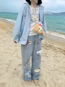 HOUZHOU Y2k Harajuku Kawaii Striped Hoodie Women Korean Fashion Cat Embroidery Zip Up Oversized Sweatshirt Preppy Autumn 2023 - Image 5