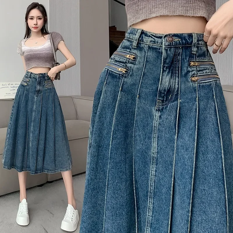Elegant Denim Pleated Skirt Ladies Women High Waist Harajuku Korean Style A-line Long Skirt for School Girl Casual Faldas
