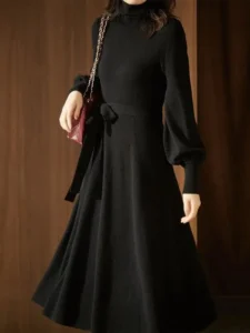 Turtleneck Women Warm Knit Sweater Dress 2022 Autumn Winter Lantern Sleeve Knitted Dress Burgundy Black Long Party Dresses - Image 3