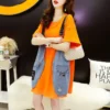 Fake Two Pieces Braces Denim Patchwork Pullovers Female Clothing Solid Color Summer Korean Loose Half Sleeve Midi T-shirt 2023 - Image 2