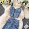 2024 Summer Women Skirt Two Piece Set Sexy V-Neck Ctopped Denim Vest High Waist Denim Skirts Korean Ladies Sleeveless Suits - Image 4