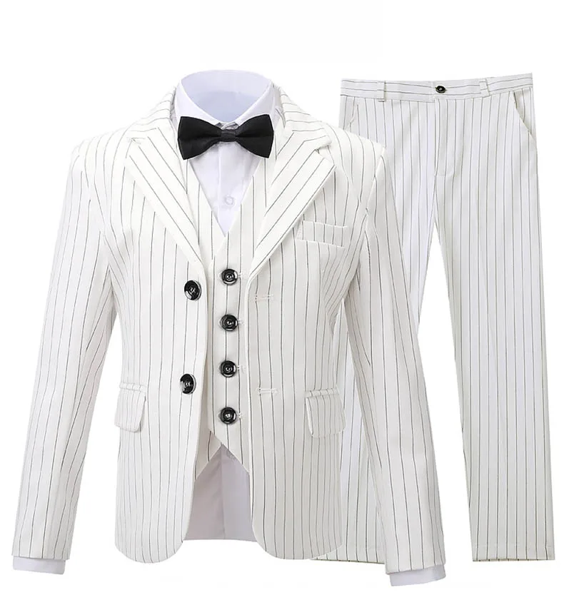 Children Luxurious White Stripe Photograph Suit Teen Kids Tuxedo Costume Flower Boys Jacket Vest Pants Bowtie 4PCS Wedding Dress