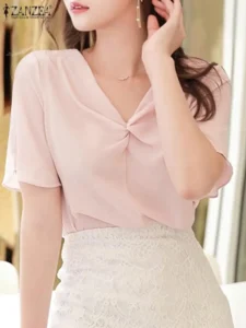 ZANZEA Chic Chiffon Short Sleeve T-Shirt Women Blouse Elegant V-neck Kink Tops 2024 Summer Office Tunic Korean Solid Loose Blusa - Image 2