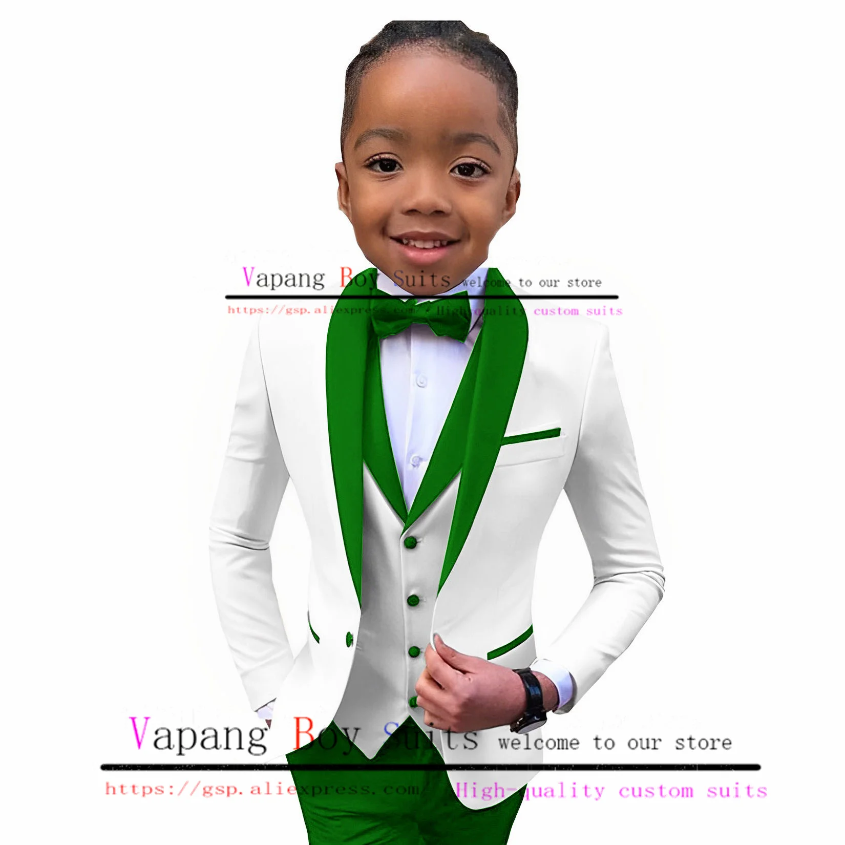 White Boys Suit Jacket Vest Pants Wedding Tuxedo 3 Piece Set Kids Fashion Custom Size Clothes for Child