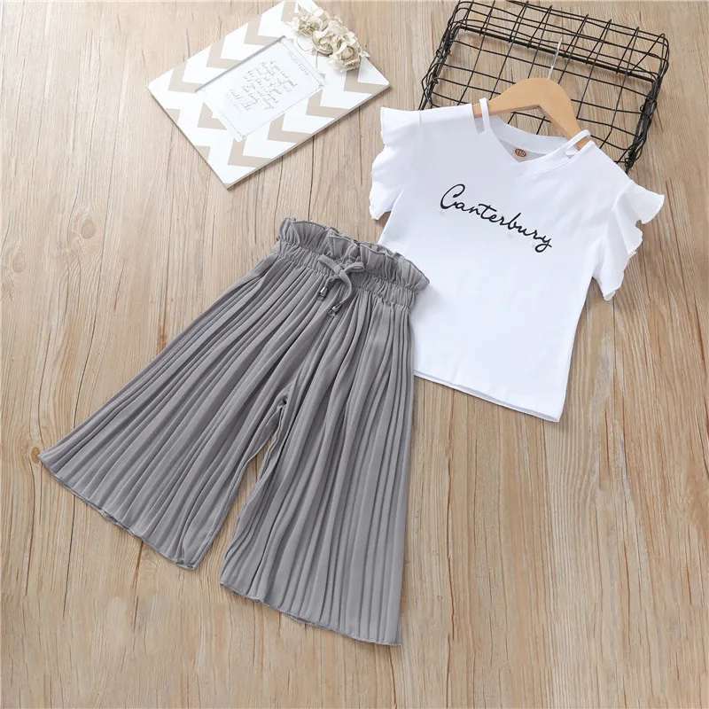Summer 2021 Girls Clothing Sets Kids T-shirt Wide Leg Pants Suits Children Short Sleeve Baby Girl Clothes 5 6 7 8 9 10 12 Years
