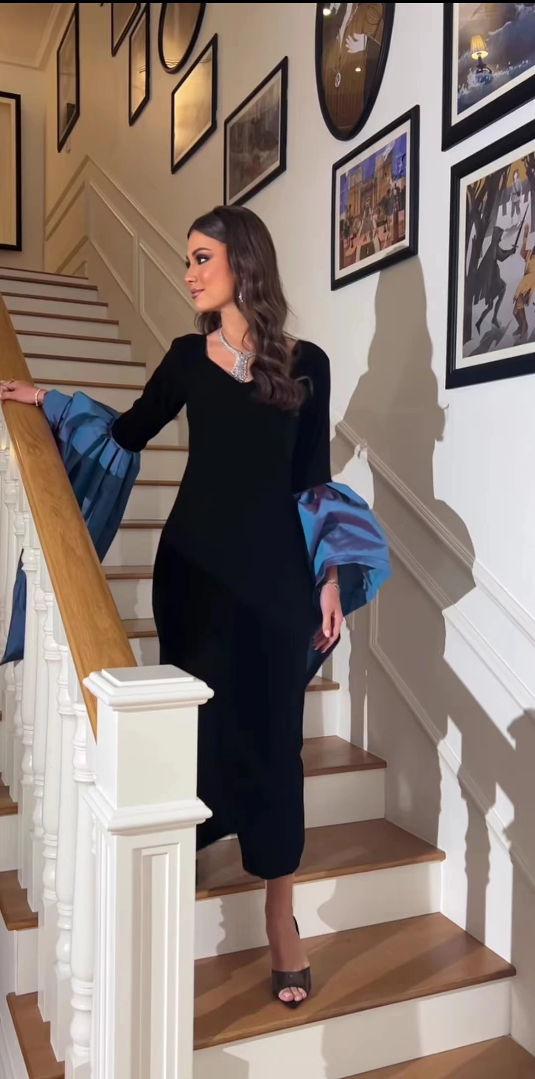 AsaNagi Black V Neck Evening Dresses Ankle-Length Blue Flare Sleeves Elegant Formal Occasion Dress 2023 Can Customizable