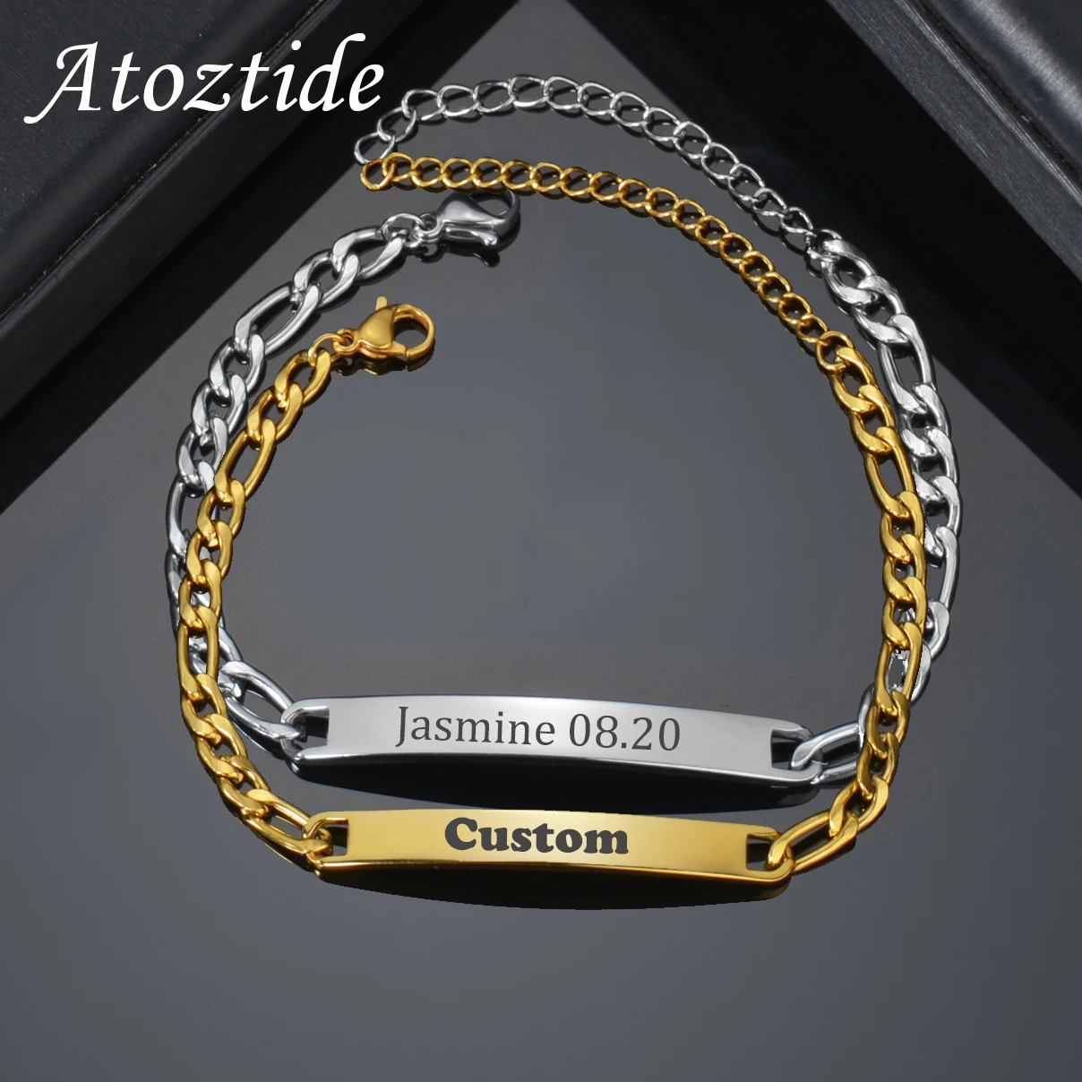 Atoztide Punk Personalized Engrave Name Date Bracelet Stainless Steel For Men Women Adjustable Cuban Figaro Chain Jewelry Gift
