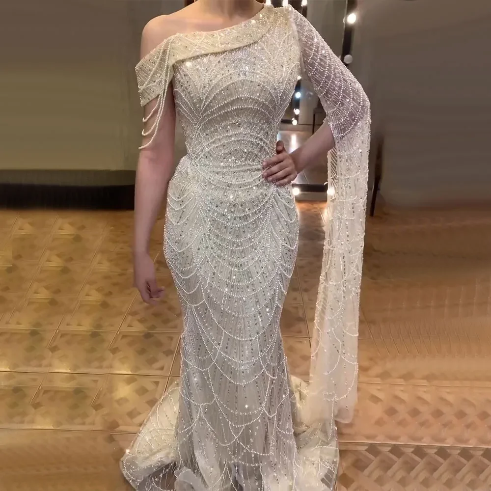 Arabic Beige Mermaid Elegant One Shoulder Cape Sleeve Evening Dresses Formal Pearls Dinner Gowns for Women Wedding Party 2024