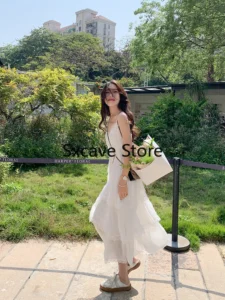 White Strap Midi Dress Women Casual 2024 Spring Beach Style Lace Elegatn Cake Dress Korean Fashion Chic Outwear - Image 3