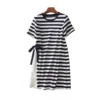 Women Summer Korean New O-Neck Pullover Dress Fashion Design Striped Lace Drawstring Splicing Loose Short Sleeves Straight Skirt - Image 4