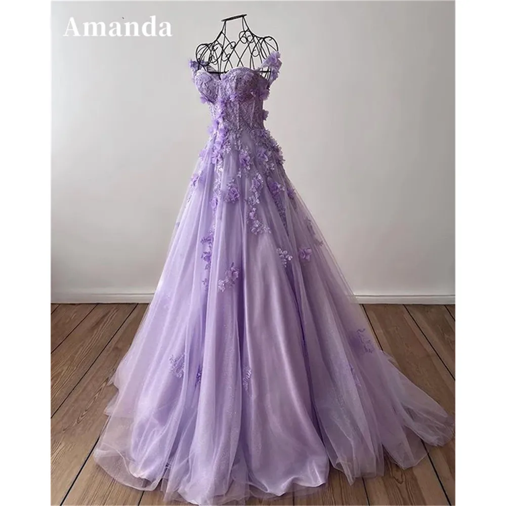 Amanda Princess 3D Flower Sweet A-line Tulle Evening Dress Purple Prom Dress Handmade Robe De Soirée