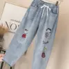 Cartoon Embroided Harem Jeans Baggy Ankle-length Denim Pants Lace Up Spodnie Straight Ripped Vaqueros High Waist Jeansy Big Size