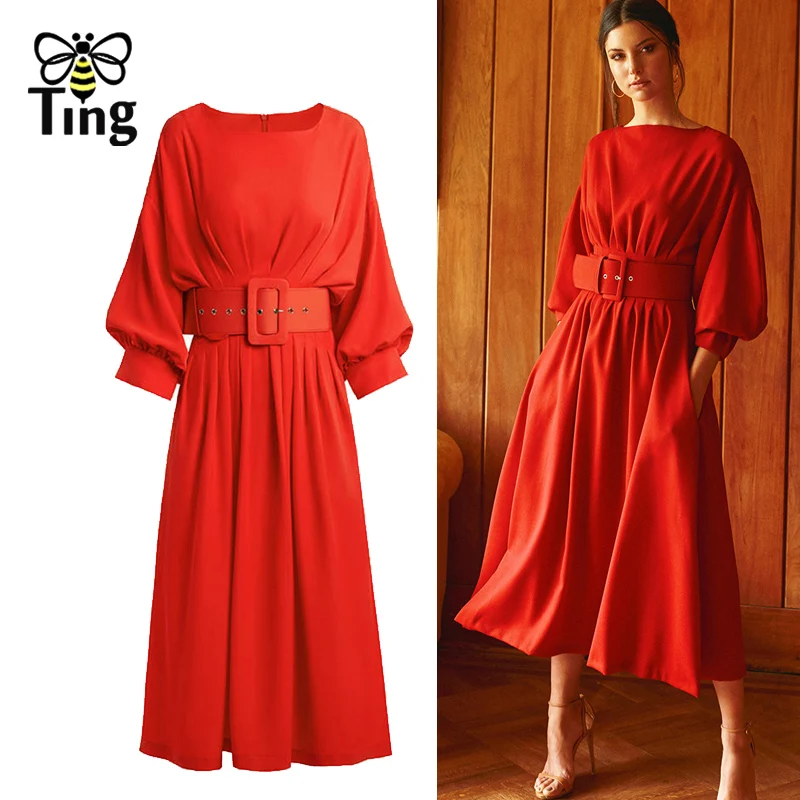 Tingfly Designer Fashion Women Vintage Legant Brighten Red Color Party Dinner Dresses with Belt Princess Dress Clothings