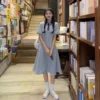 2024 Spring/Summer New Korean Edition Academy Style Polo Neck Short Sleeve Contrast Color Waist Slimming Dress Trend - Image 5