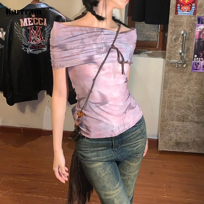 Karrram Japanese Y2k Off Shoulder Tops Vintage Harajuku Tie-dye Short Sleeve Mesh Tops 2000s Aesthetics Sheer T-shirt Grunge