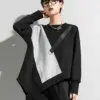[EAM] Women Gray Asymmetric Color-block Big Size Casual T-shirt New Round Neck Long Sleeve Fashion Spring Autumn 2024