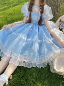 KIMOKOKM Spring Summer Girly Lolita Style Japanese Organza Dress Vintage Peter Pan Collar Kawaii Puff Sleeve Lace Princess Dress - Image 2