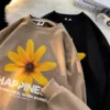 Happiness Flower Printed Women Korean Sweatshirts Suede Casual Autumn Streetwear Hip Hop Female O-neck Pullovers Hoodies - Image 4