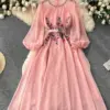Autumn Women Embroidered Beading Party Long Dress Pink/Black/Biege/White Round Neck Puff Sleeve High Waist Maxi Robe With Belt