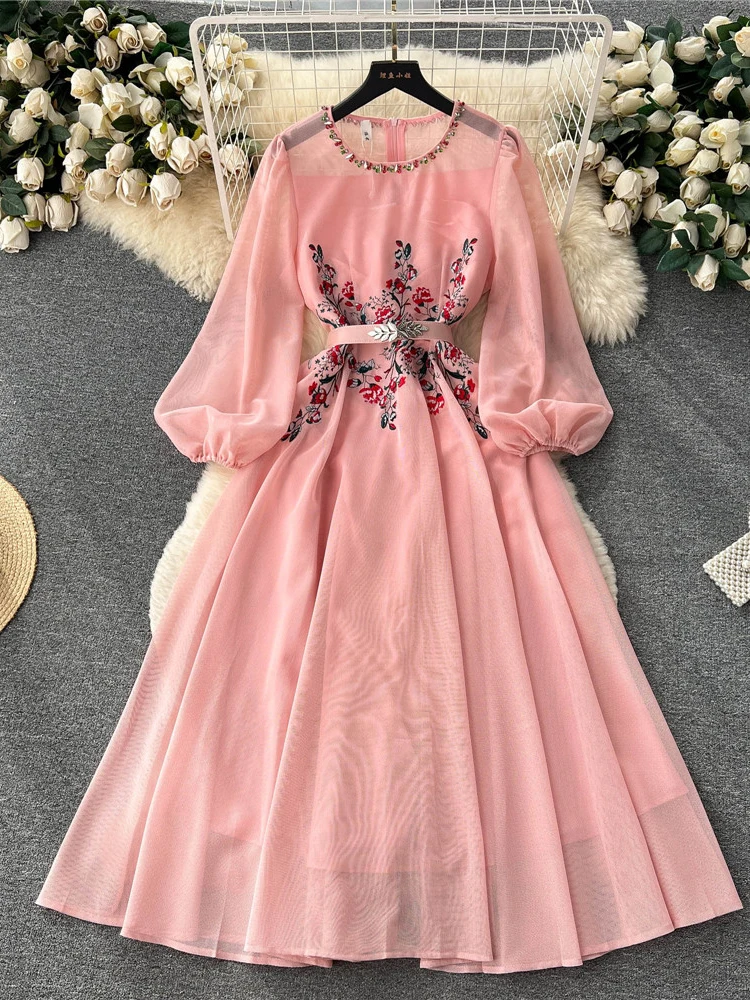 Autumn Women Embroidered Beading Party Long Dress Pink/Black/Biege/White Round Neck Puff Sleeve High Waist Maxi Robe With Belt