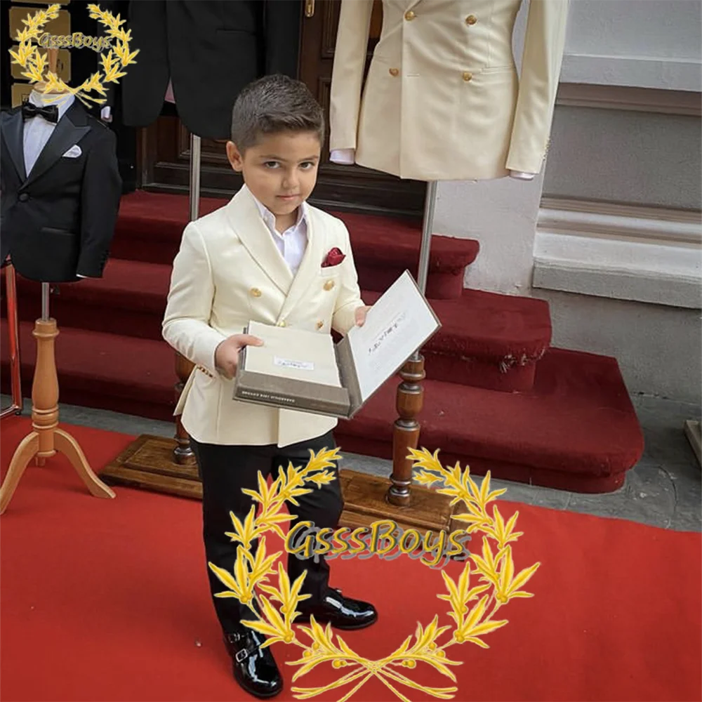 Boys Suit Double Breasted Jacket Ivory Wedding Tuxedo Kids Blazer Pants 2 Piece Metal Buckle Fashion Clothes