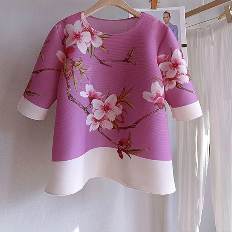 Chinese style printed pleated top for women Korean style women's clothes 2023 Elegant woman t-shirts tops