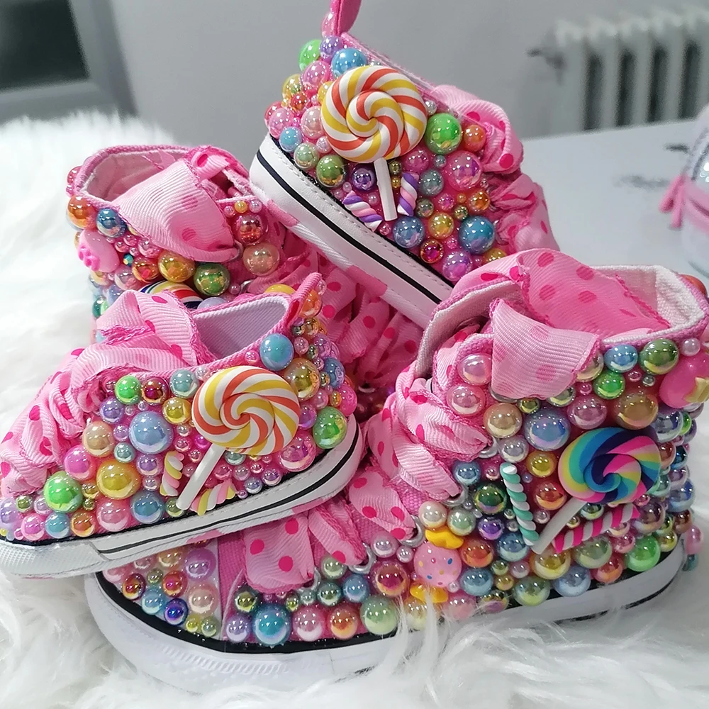 Handmade Rhinestones Bling Girls Womens Kids And Mother Candy Canvas Shoes Pearls Sneakers For Girl Birthday Party Wedding
