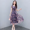 2022 Summer Beach Floral Dress Women Elegant O-Neck Chiffon Plus Size Midi Dress Pink Print Bodycon Party Dress Short Sleeve - Image 5