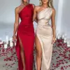 Mozision Satin One Shoulder Thigh High Split Maxi Dress For Women Gown Summer Sleeveless Backless Party Long Dress Vestidos