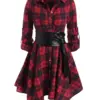 Gothic Casual Dress Women Red Plaid Belted Roll Tab Sleeve Handkerchief Dress Vestidos Autumn Long Sleeve A-Line Party Dress