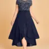 Plus Size Mother Of The Bride Navy Blue Chiffon Lace Crossover Hem Split Tea-Length Dress Short Sleeve A-Line Party Dress