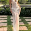 Women Sheer Mesh Sleeveless Dress Summer V Neck Flower Slit Party Dresses Cocktail Beach Sundress Club Streetwear Female Clothes