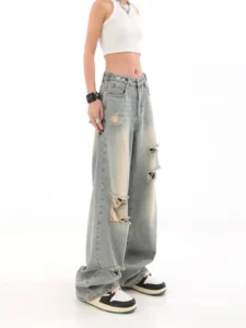 WCFCX STUDIO Ripped Vintage Woman's Distressed Jeans Y2K Korean Streetwear High Waist Wide-leg Pants Woman's Hip Hop Blue Jeans - Image 2