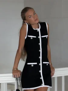 Elegant Patchwork Multi Pocket Sleeveless Mini Dress A-line O-neck Knit Slim Short Vestidos Fashion Summer Female Casual Dresses - Image 5
