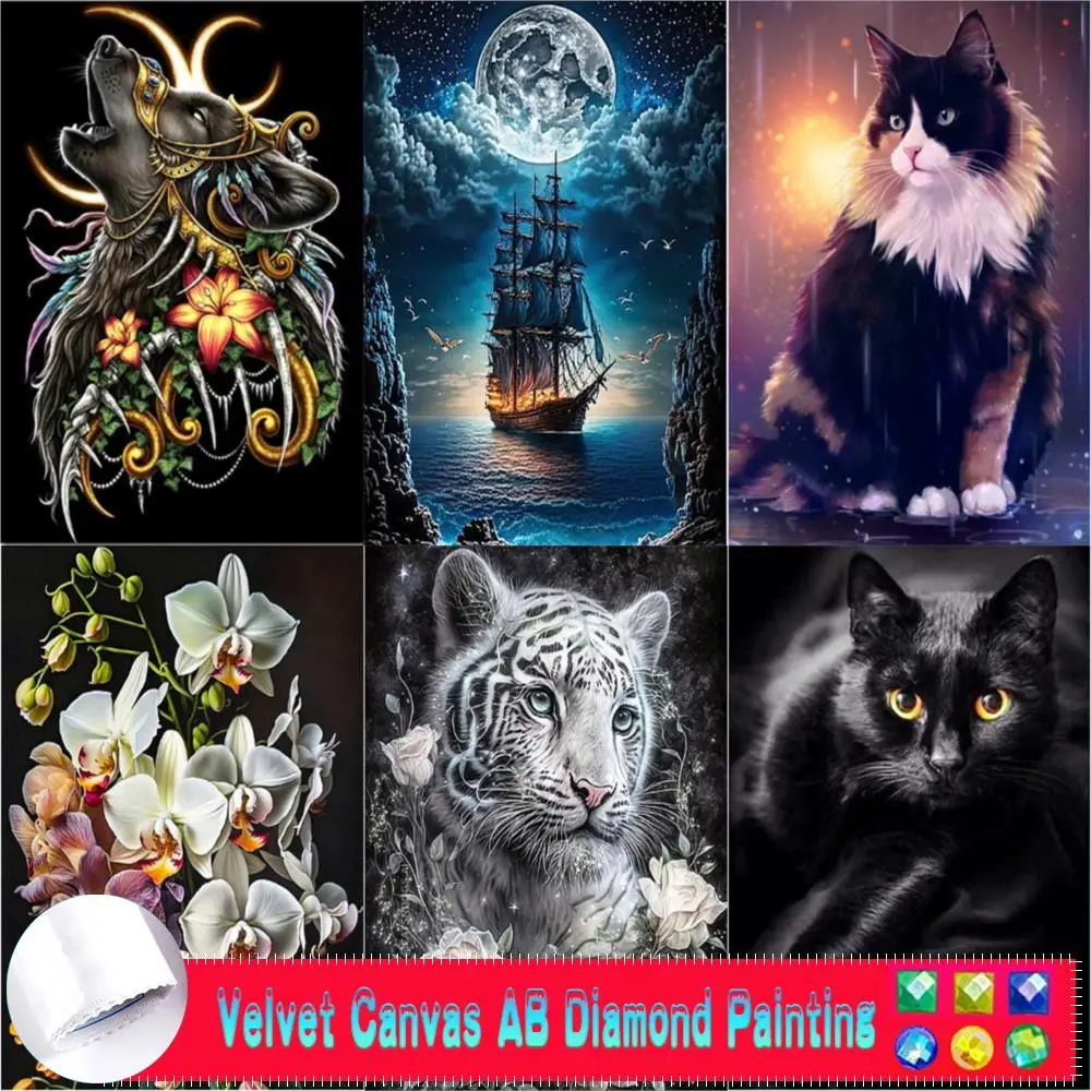 AB Velvet Canvas Diamond Painting Animals Tiger Cat 5D DIY Diamond Embroidery Landscape Flower Home Decor Handwork Diamond Art