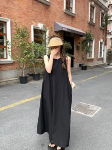 Summer Cotton Linen Sleeveless Dress Women Backless Hollow Out Fashion Ruffle Ladies Dresses Korean Style Loose Woman Long Dress - Image 6