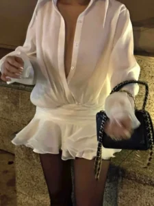 TARUXY White Chiffon Mini Dress For Women Casual Loose Oversized Pleated Mini Dress See-through Summer Beach Elegant Shirt Dress - Image 4