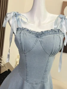 Summer Korean Fashion Sexy Gyaru Spaghetti Strap Y2k Midi Denim Dress Women 2023 Jean Frocks Party One-Piece Chic High Street - Image 3