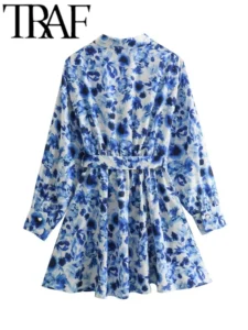 TRAF GAL 2024 Summer Floral Printed Women Laced Up Waist Shirt Dresses Long Sleeve Buttons Slim A-Line Robe Femme Mini Dress Y2K - Image 5