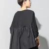 [EAM] Women Black Back Ruffles Big Size Casual T-shirt New Round Neck Three-quarter Sleeve Fashion Spring Autumn 2024