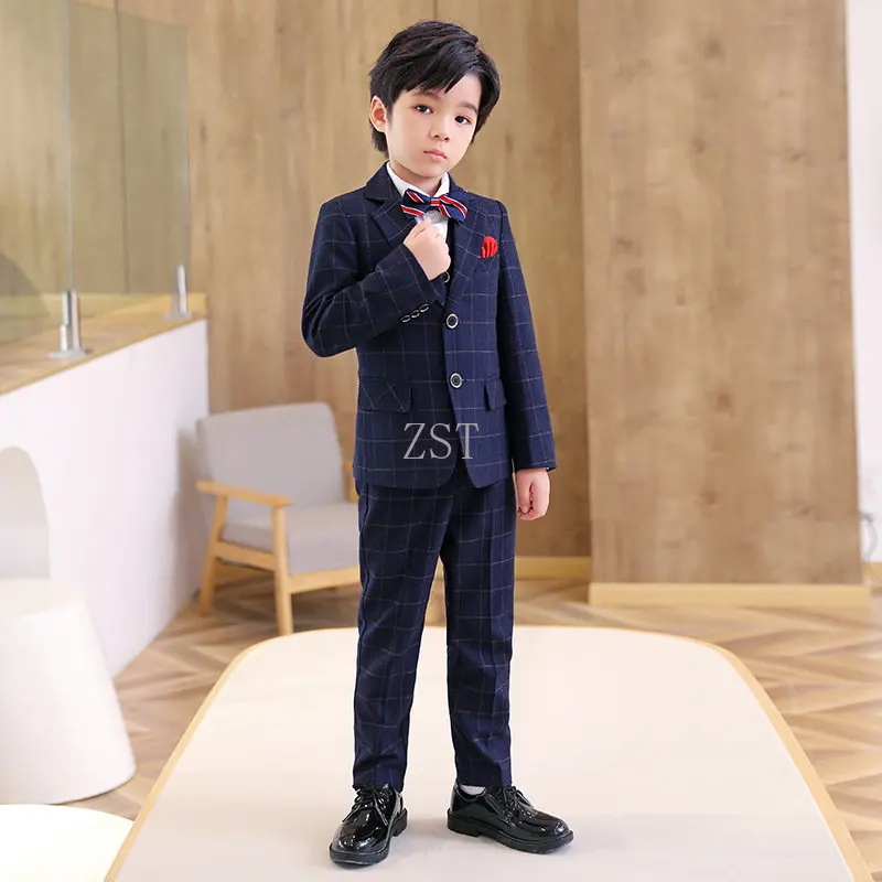 Children Clothing Boys Top Quality Plaid Wedding Suit Teenager Kid Formal Tuxedo Bowtie Dress Blazer Party Performance Costume