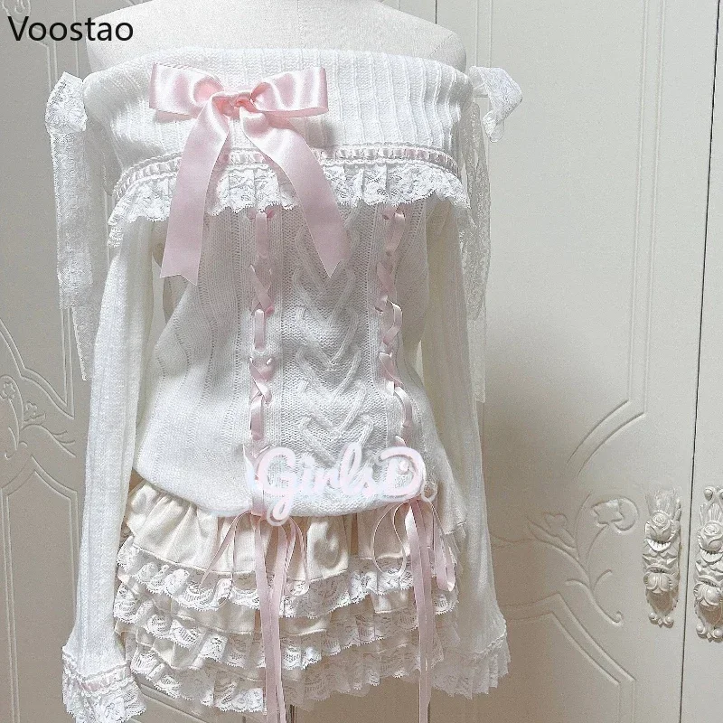 Japanese Sweet Lolita Style Knitted Pullover Women Vintage Slash Neck Lace Ruffles Bandage Bow Sweater Girls Cute Knitwear Tops