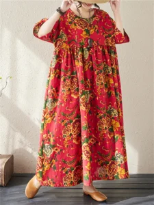 2024 Summer Cotton Short Sleeve Vintage Dresses For Women Casual Loose Long Dress Femme Robe Vestidos Elegant Fashion Clothing - Image 4