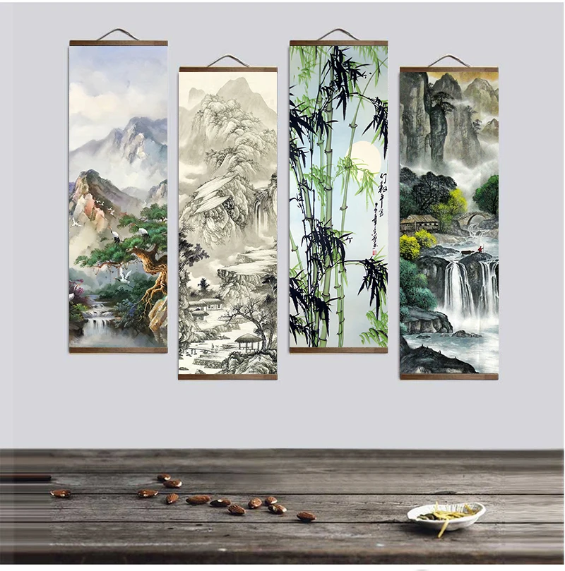 Printed Poster Nordic Canvas Wood Scroll Painting Chinese Landscape Painting with Ink Water Art for Gift Home Wall Hanging Decor