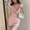 Summer Polo-neck Sexy Fashion Houndstooth Patchwork Bodycon Knitting Mini Dress Female Short Sleeve Elegant Slim Robe Vestidos - Image 5