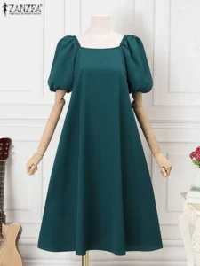 Elegant Short Puff Sleeve A-line Party Vestidos ZANZEA Women Square Neck Midi Dress Korean Fashion Leisure Solid Smock Dresses - Image 4