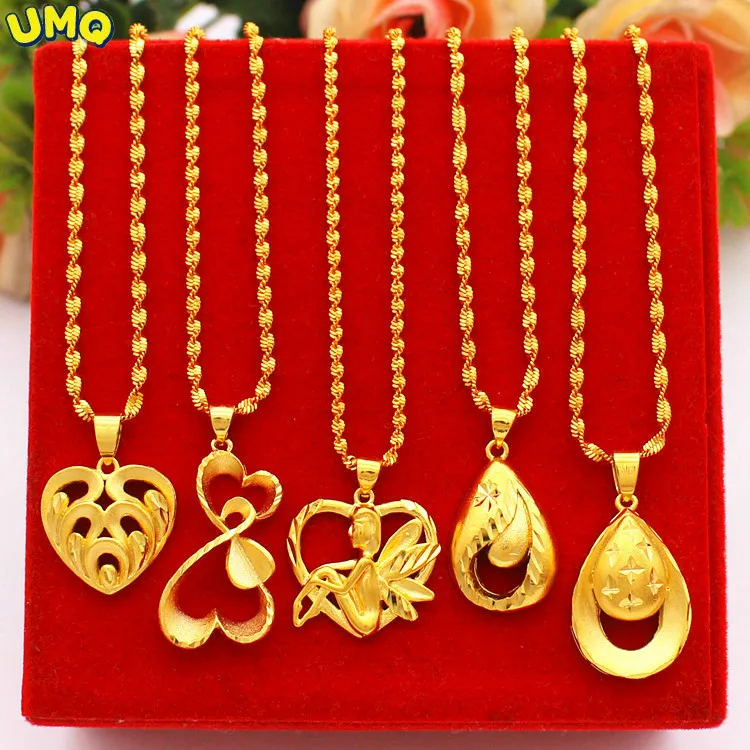 New 100% 14K Gold Chain Plated Pure 24k Gold Fine Angel Love Water Drop Necklace Women's Classic Color 18k Yellow Color Jewelry