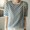2024 Summer New Casual Tops Women's Fashion Short-sleeved Plaid Printed Ice Silk T-shirt Elegant Knitting Harajuku Loose Tees