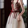 France Vintage Bow Mesh Wedding Runway Party Dresses Women Summer Fashion Elegant Strap Graduation Evening Vestidos Ladies Robe
